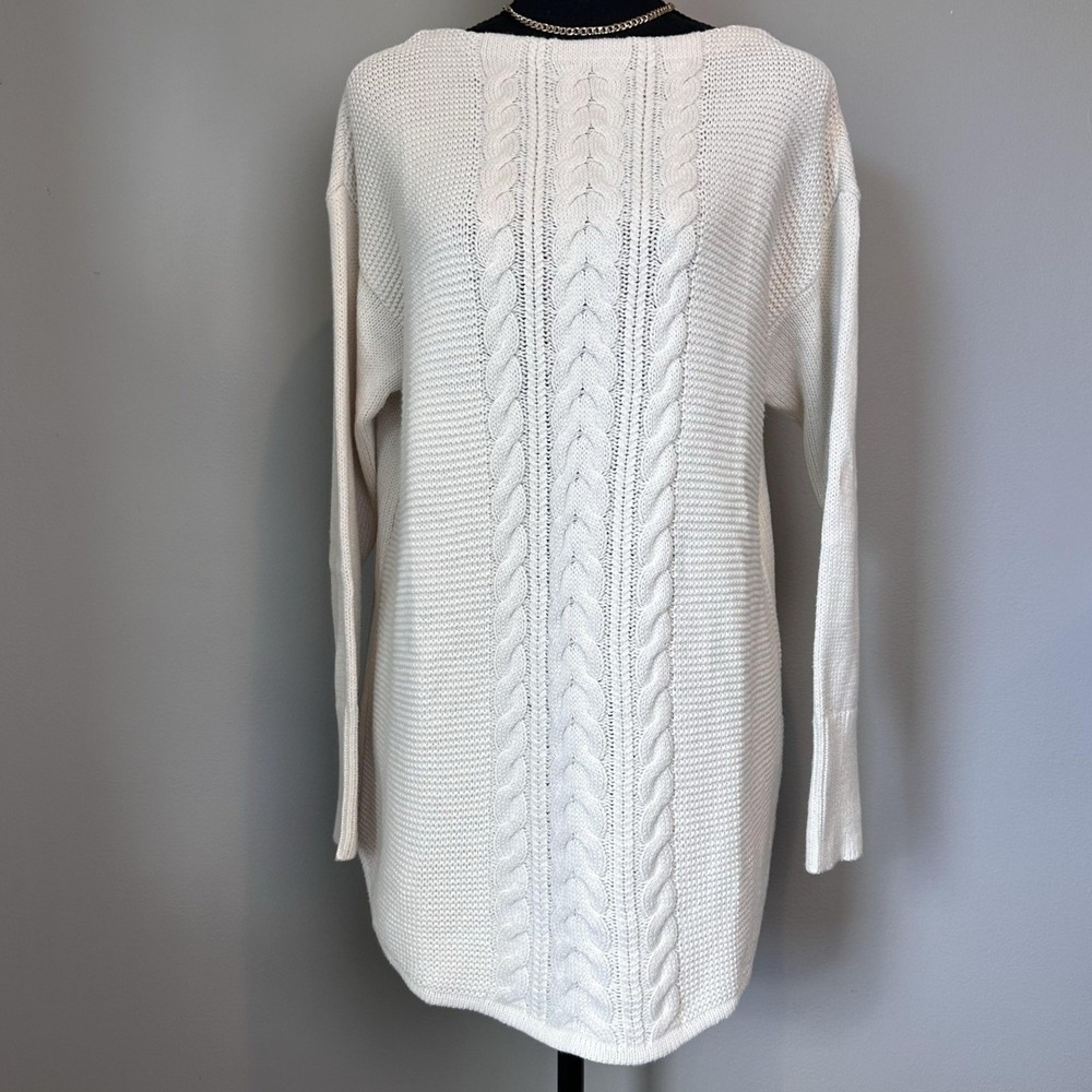 Chaps Sweater Women Small Cream Cable Knit Long Sleeve Tunic Fisherman Soft Cozy
